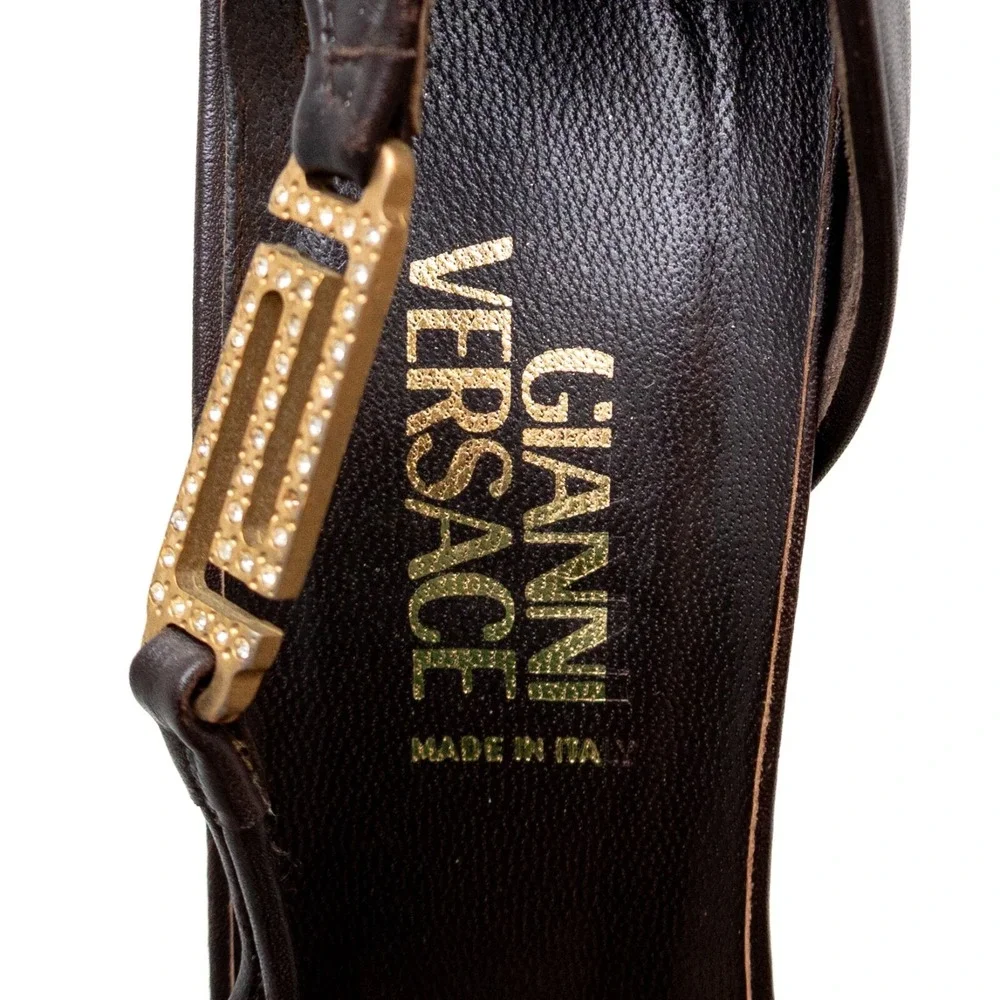 Gianni Versace Brown‎ Leather & PVC Peep-Toe Heels with Gold Medusa Logo Sz EU36